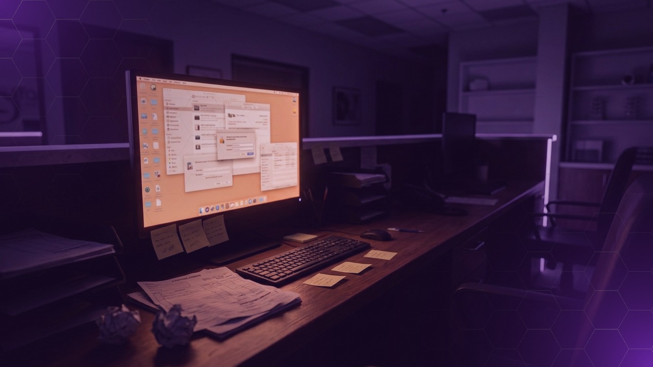 A dark front-desk workspace, a monitor crowded with many small disconnected login windows, soft purple rim light