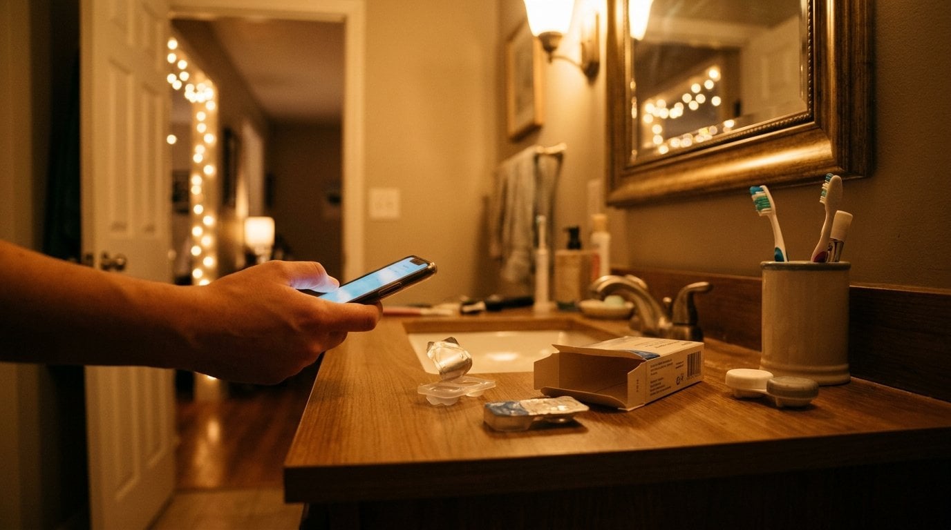 A hand ordering contact lenses on a phone at a bathroom counter at night, beside an empty lens box and the last blister pack