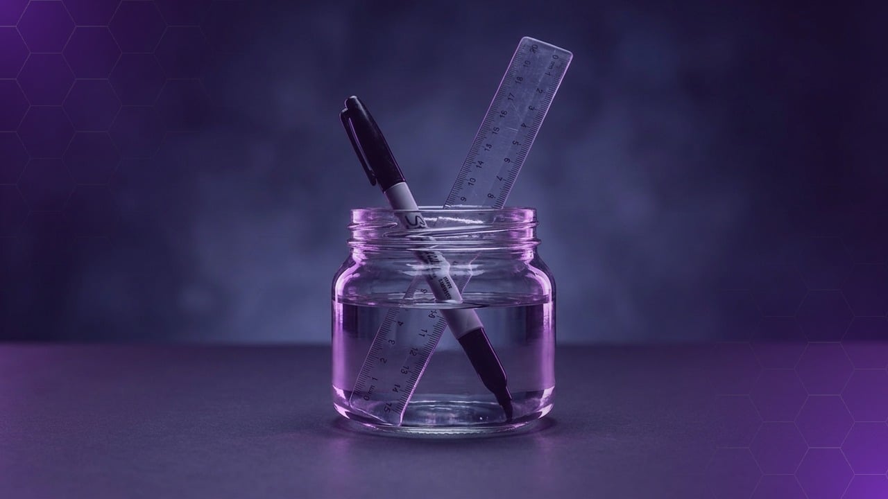 A permanent marker and a plastic millimeter ruler retired into a glass jar on a dark desk, soft purple rim light