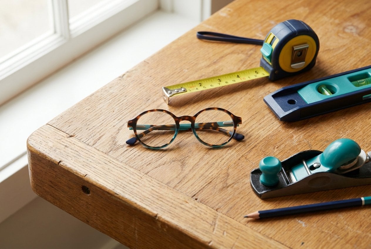 Eyeglasses beside hand tools on a shelf, a visual metaphor for building a myopia program with the tools a practice already has.